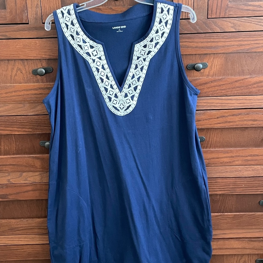 Lands' End Navy Blue Sleeveless Swim Cover Up with White Lace Trim - NWOT